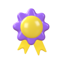 3d vincitore viola medaglia e giallo nastri ricompensa. illustrazione icona rendere isolato trasparente png. cartone animato minimo stile. premio qualità, qualità garanzia simbolo png