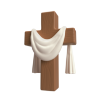 3D icon Christian wooden cross with white cloth, symbol of the resurrection of Jesus Christ, easter sign isolated transparent png