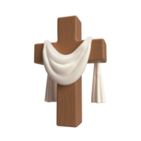 3d icône Christian en bois traverser avec blanc chiffon, symbole de le résurrection de Jésus Christ, Pâques signe isolé transparent png