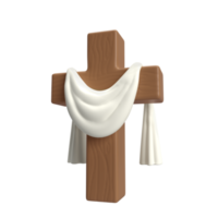 3d icoon houten kruis met wit kleding textiel, symbool van de opstanding van Jezus Christus. hij is opgestaan. Pasen opstanding illustratie. schrift. geïsoleerd transparant PNG