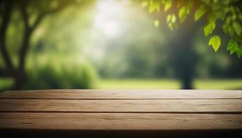 Wooden table and blurred green nature bokeh background for product.Tabletop photography Images of various objects, such as books, plants, or stationery, arranged on a wooden tabletop photo