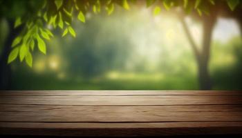 Wooden table and blurred green nature bokeh background for product.Tabletop photography Images of various objects, such as books, plants, or stationery, arranged on a wooden tabletop photo