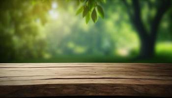 Wooden table and blurred green nature bokeh background for product.Tabletop photography Images of various objects, such as books, plants, or stationery, arranged on a wooden tabletop photo