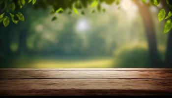 Wooden table and blurred green nature bokeh background for product.Tabletop photography Images of various objects, such as books, plants, or stationery, arranged on a wooden tabletop photo