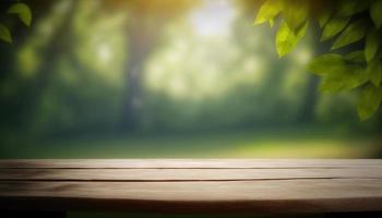 Wooden table and blurred green nature bokeh background for product.Tabletop photography Images of various objects, such as books, plants, or stationery, arranged on a wooden tabletop photo