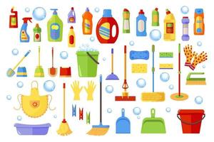 Large set on theme of cleaning house and office. Home chemical detergent in bottles, household tools, equipment. Cleaning products for housework. Cleaning supplies set. Vector illustration