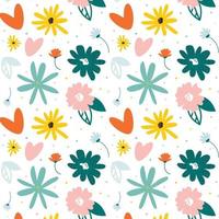 Seamless pattern of beautiful flowers, leaves. Spring small colorful flowers scattered on white background. Garden flower, plants, botanical design for fabrics, printing. Vector illustration