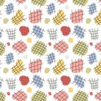 Abstract seamless pattern of multicolored spots, lines. Grid, cage, colored geometric shapes of various shapes. Prints for fabrics, textiles, paper, wallpaper, clothing. Vector illustration