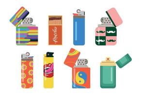 Set of various lighters. Metal and plastic lighters with colorful prints. Side view. Petrol lighters. Hand drawn modern isolated vector illustration. Design, template printing