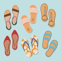 De las mujeres verano calzado. conjunto de vector ilustraciones. vistoso colección de verano sandalias diseño elementos. ver desde arriba.