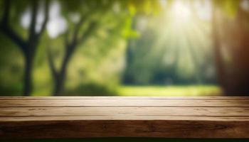 Wooden table and blurred green nature bokeh background for product.Tabletop photography Images of various objects, such as books, plants, or stationery, arranged on a wooden tabletop photo