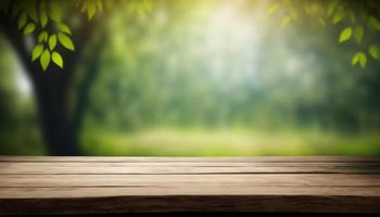 Wooden table and blurred green nature bokeh background for product.Tabletop photography Images of various objects, such as books, plants, or stationery, arranged on a wooden tabletop photo