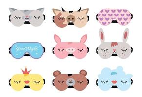 Sleep masks. Night mask with cute eyes, sleep quotes, pig, bear and cat faces. Cartoon animal mask for pajama print vector set. Elements of nightwear for rest and relaxation