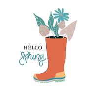 Hello Spring. Rubber boots with bouquets. Hand drawn spring print, postcard, poster. handwritten inscriptions vector