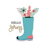 Hola primavera. caucho botas con ramos de flores mano dibujado primavera imprimir, tarjeta postal, póster. escrito inscripciones vector