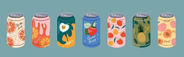 Various delicious carbonated drinks. Vector set of soft drinks in aluminum cans. Hand drawing. Carbonated water with different fruit flavors. Fashion illustration. All elements are insulated