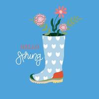 Hola primavera. caucho botas con ramos de flores mano dibujado primavera imprimir, tarjeta postal, póster. escrito inscripciones vector