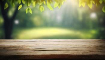 de madera mesa y borroso verde naturaleza bokeh antecedentes para producto.tablero fotografía imágenes de varios objetos, tal como libros, plantas, o papelería, arreglado en un de madera mesa foto