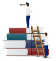 Businessman standing on top of books and looking for a solution png