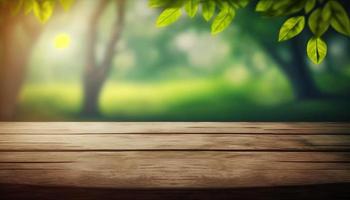 Wooden table and blurred green nature bokeh background for product.Tabletop photography Images of various objects, such as books, plants, or stationery, arranged on a wooden tabletop photo