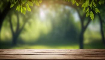 Wooden table and blurred green nature bokeh background for product.Tabletop photography Images of various objects, such as books, plants, or stationery, arranged on a wooden tabletop photo