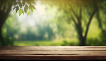 Wooden table and blurred green nature bokeh background for product.Tabletop photography Images of various objects, such as books, plants, or stationery, arranged on a wooden tabletop photo