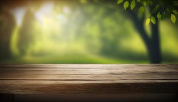 de madera mesa y borroso verde naturaleza bokeh antecedentes para producto.tablero fotografía imágenes de varios objetos, tal como libros, plantas, o papelería, arreglado en un de madera mesa foto