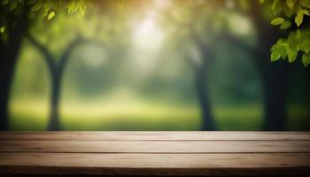 Wooden table and blurred green nature bokeh background for product.Tabletop photography Images of various objects, such as books, plants, or stationery, arranged on a wooden tabletop photo