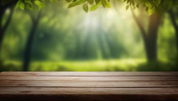 Wooden table and blurred green nature bokeh background for product.Tabletop photography Images of various objects, such as books, plants, or stationery, arranged on a wooden tabletop photo