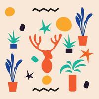 Flat Matisse style abstract colorful illustration of a deer in a pot with plants and stars shapes background illustration for print elements. vector