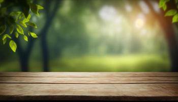 Wooden table and blurred green nature bokeh background for product.Tabletop photography Images of various objects, such as books, plants, or stationery, arranged on a wooden tabletop photo