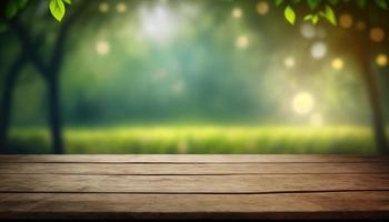 Wooden table and blurred green nature bokeh background for product.Tabletop photography Images of various objects, such as books, plants, or stationery, arranged on a wooden tabletop photo