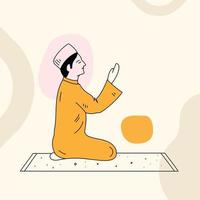 un ilustración de un hombre Orando salat línea Arte dibujo para Ramadán kareem en un vistoso antecedentes. vector