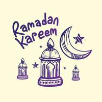 A drawing of a lantern, moon and the words Ramadan Kareem Islamic Background elements to greeting Ramadan Mubarak. vector