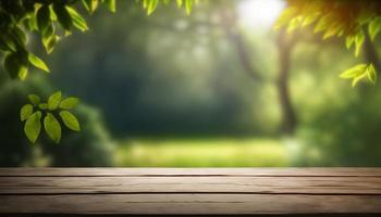 Wooden table and blurred green nature bokeh background for product.Tabletop photography Images of various objects, such as books, plants, or stationery, arranged on a wooden tabletop photo