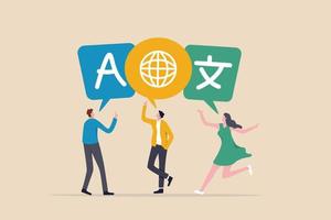 Language learning, translation or international communication, global or multilingual education, foreign diversity concept, young adult people talking with foreign international language symbol.