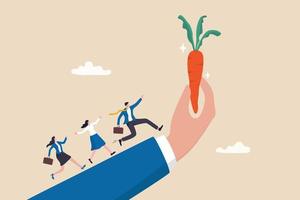 Incentive, reward or bonus to motivate employee on hard working to reach success, company benefit, job promotion or employee program concept, business people run on giant hand to grab carrot stick. vector