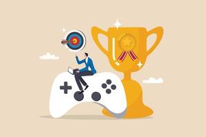 Gamification, marketing strategy for customer to achieve target and win the prize, reward or challenge to keep customer engagement concept, man with computer laptop on game joystick with trophy award.