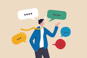 Verbal or oral communication skill, storytelling or explanation, public speaking, talking or discussion, telling message or speech concept, confidence businessman talking with multiple speech bubbles. vector