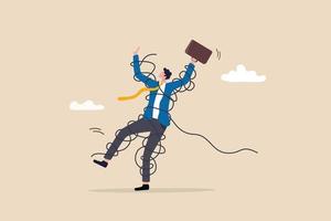 Business problem or failure, difficulty or hard to do, messy or tangled, complicated problem or trouble, busy job or mess, suffering or struggle, frustrated businessman with tangled messy rope around. vector