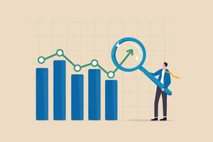 Trend analysis, marketing and sales information, analyze or predict trend line or profit, business forecast report concept, businessman analyst analyze trend graph and chart with magnifying glass. vector