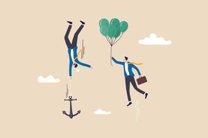 Business ranking up or down, situation for success and failure, growth or losing comparison, risk or challenge concept, businessman holding balloon rising up compare to other falling down with anchor. vector