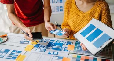 UX developer and ui designer brainstorming about mobile app interface wireframe design with customer breif and color code at office. photo