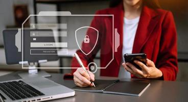 Cyber security concept, Login, User, identification information security and encryption, secure access to user's personal information woman using smart phone and tablet in office photo