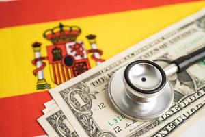 Black stethoscope with US dollar banknotes on Spain flag background, Business and finance concept. photo