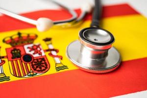 Black stethoscope on Spain flag background, Business and finance concept. photo