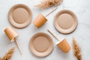 Eco friendly disposable cardboard tableware. Plates, cups and tubes are arranged on a light background. Top view. photo
