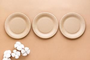 Three cardboard plates and cotton buds on a beige background. Eco friendly and zero waste concept. Top view. photo