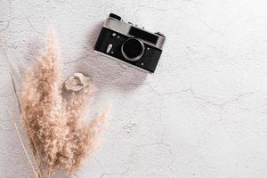 Flat lay concept travel. Vintage camera, stone and grass on a textured concrete background.