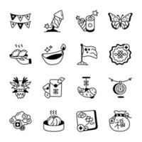 Set of 16 Doodle Style Lunar Year Celebration Icons vector